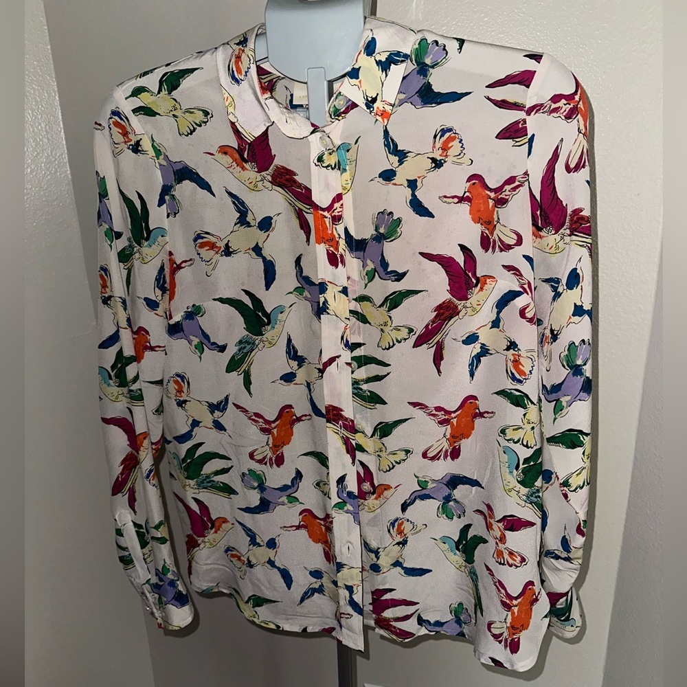 Maeve by Anthropologie Potala 100% Silk Bird Print Button Down Blouse